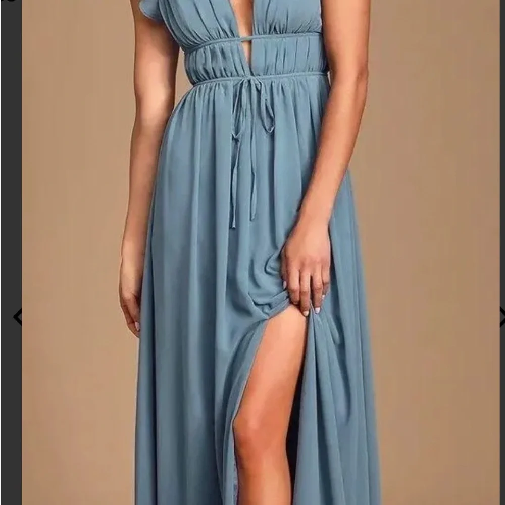 Lulu's Blue Ruffled Tie Front Midi Dress - Picture 3 of 10
